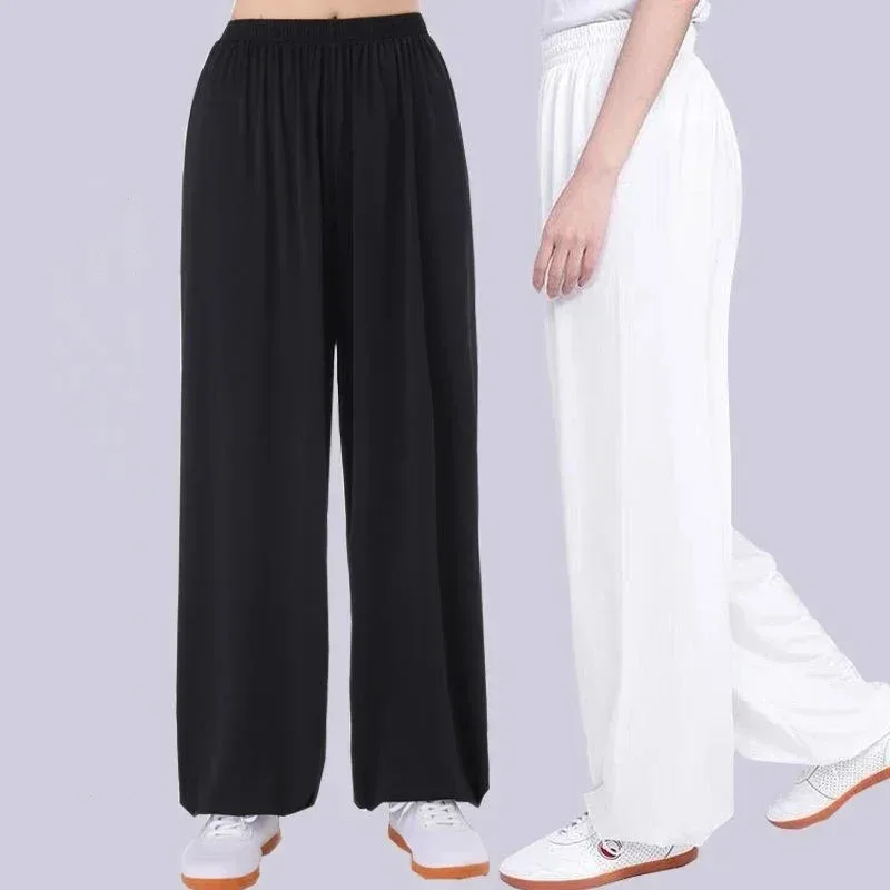 Pantalones de Tai Chi Unisex, ropa de seda de hielo, ejercicio matutino, bombachos sueltos de talla grande, pantalones de práctica de artes marciales, Verano