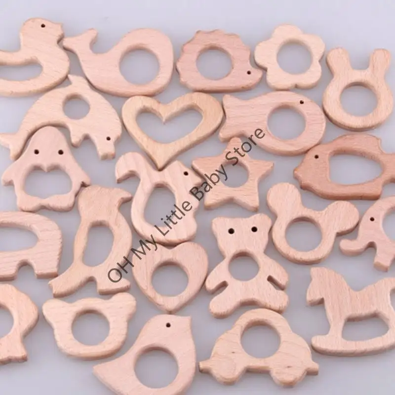 

M76C Wooden Elephant Rabbit Heart Love Horse Ring Baby Teether Eco-Friendly Unfinished Baby Grasping Pacifier BPA Beech Toy