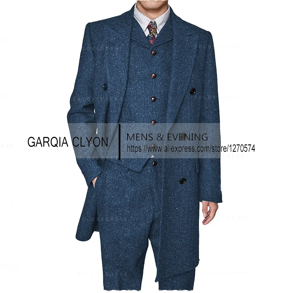 3 Pieces Men\'s Suits Formal Single Breasted Slim Fit Herringbone Tweed Wool Middle Long Style Groomsmen (Blazer+Vest+Pants)