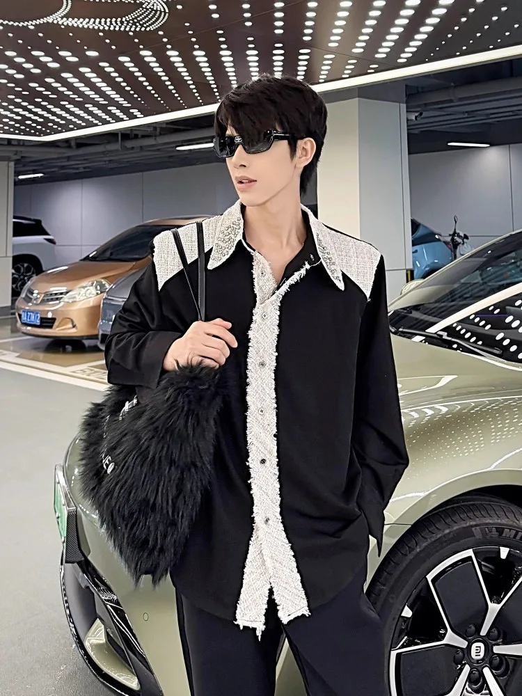 Party Mens Shirt Fashion Long Sleeve Mixed Colors Diamonds Turndown Collar Shirts Casual Single Breasted Korean Style Tops Male