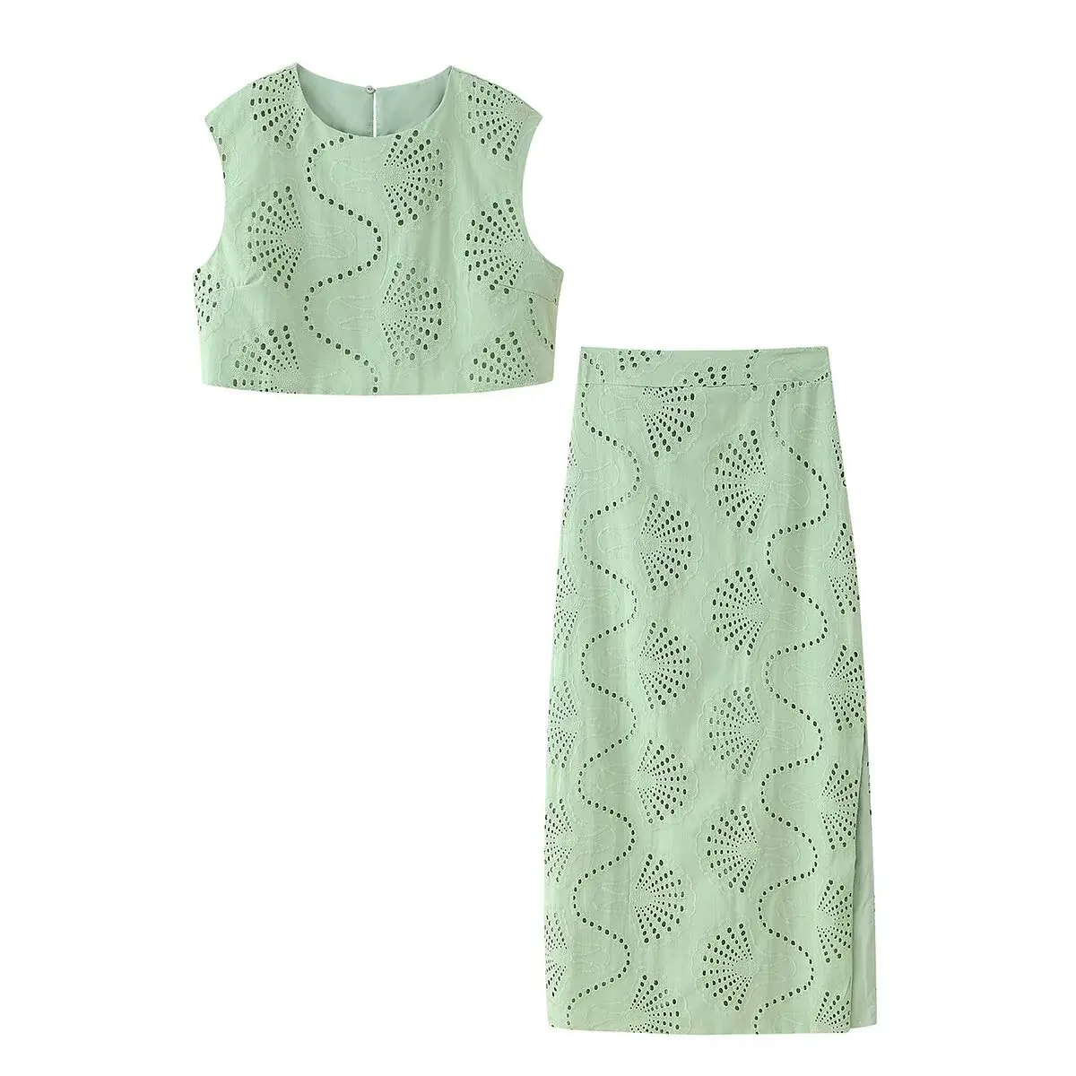

MYST&ZA Women's Summer New Embroidered Hollow Round Neck Sleeveless Short Tank Top+Embroidered Hollow Back Split Skirt