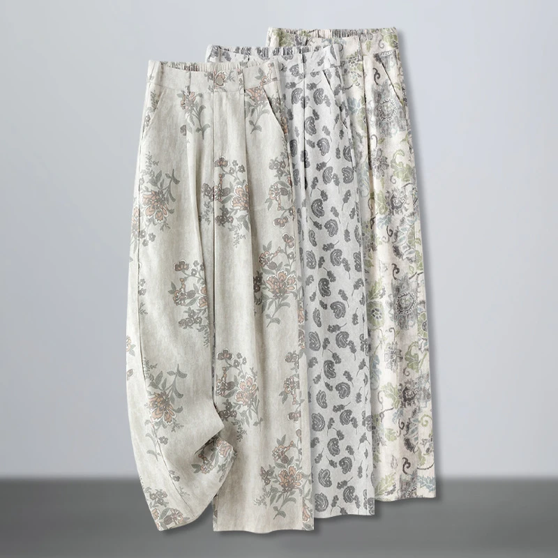 

Printed linen pants for women, summer thin straight-leg pants with elastic back, wide-leg pants, high-waisted casual lazy-style