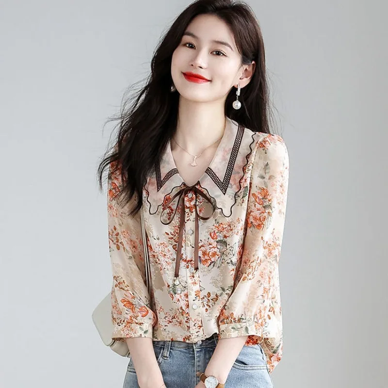 

Floral Chiffon Shirt Female Spring and Summer 2024model Western Style Age Reduction Unique High-end Blouse Quarter Sleeve Jacket