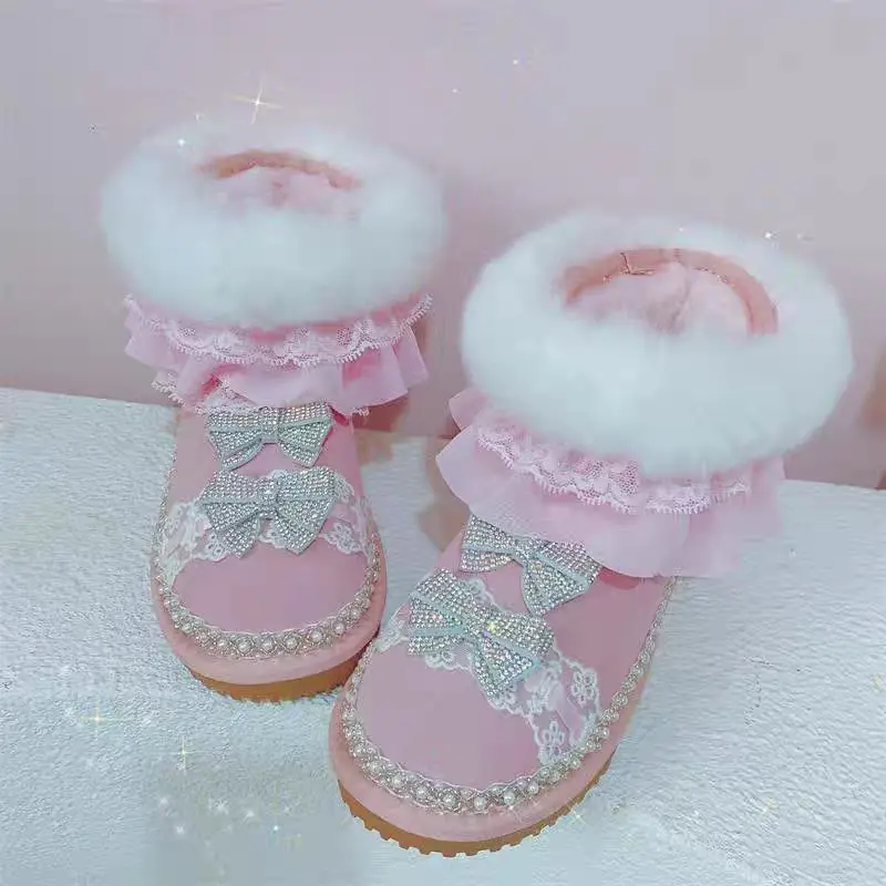 Rex Rabbit rhindiamonds Pearl lace luxury fur all-in-one snow boots Pink banquet Wedding party women's boots 35-39