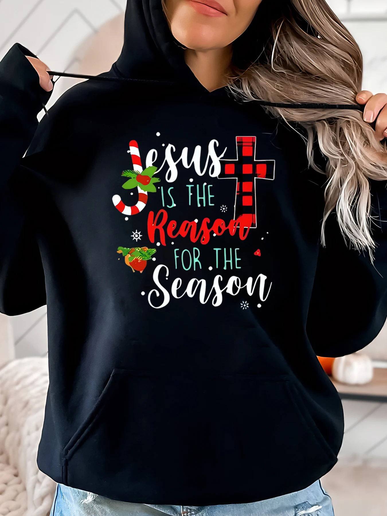 

Рождественская толстовка с капюшоном «Иисус — причина сезона», женский праздничный наряд, черный, больших размеров