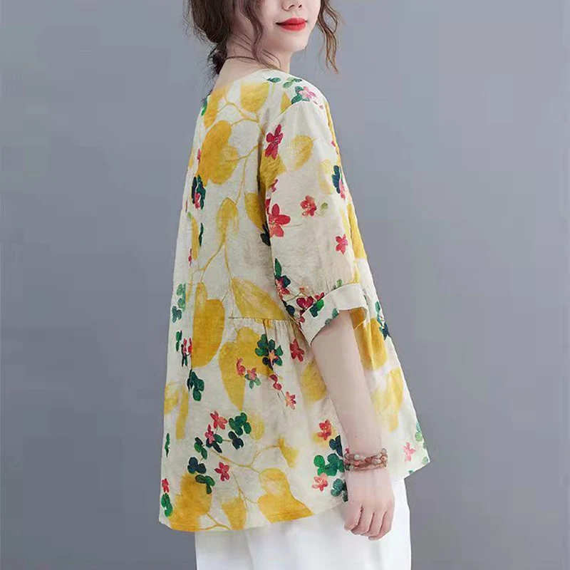 Vintage Printed O-Neck Casual Short Sleeve Floral Blouses Women's Clothing 2024 Summer New Loose All-match Tops Commuter Shirts