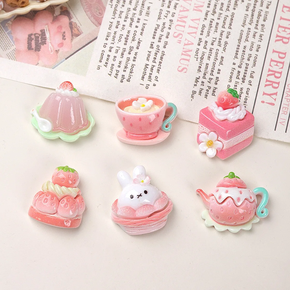 10pcs Cute Strawberry Afternoon Tea Series Resin Flatback Cabochon Scrapbooking Phone Decoration DIY  Hair Bows Center