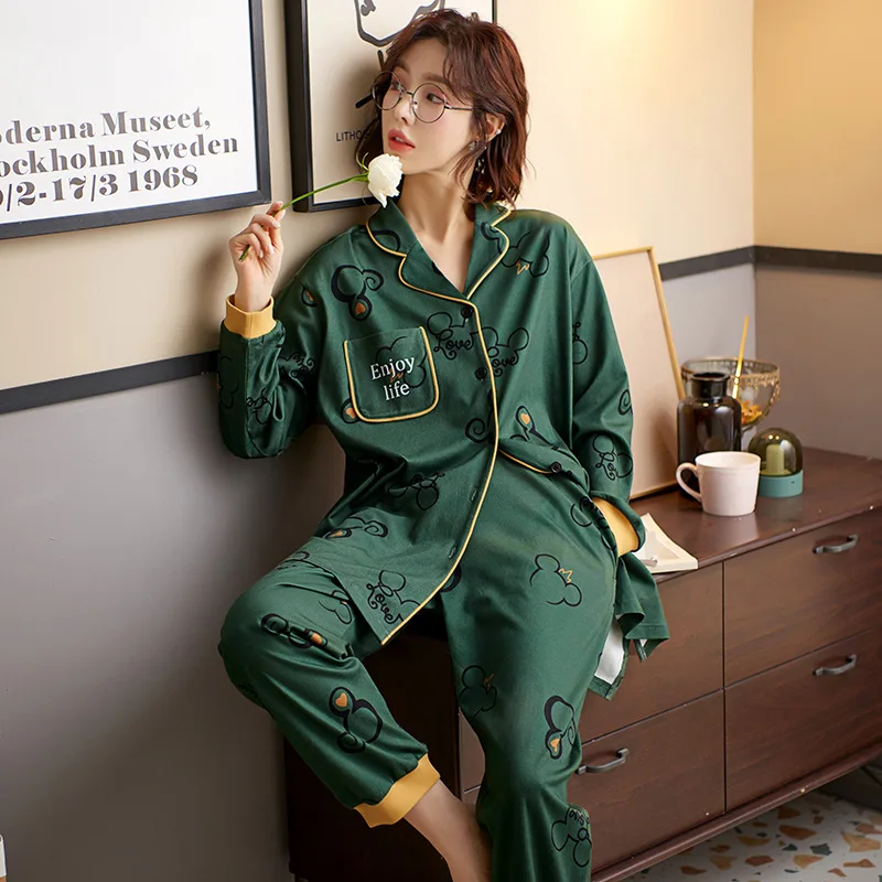 봄 Autunm 두 조각 세트 코튼 여성 만화 Homewear 긴 소매 레이디 잠옷 여성 느슨한 캐주얼 Nightwear 정장 잠옷