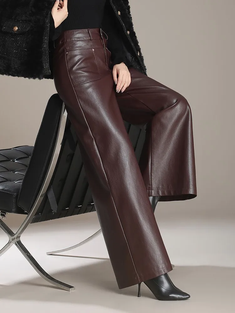 ZUZK High Quality PU Leather Wed Leg Long Pants Women Autumn Winter Fashion Warm Long Leather Pants Elegant LeatherTrousers