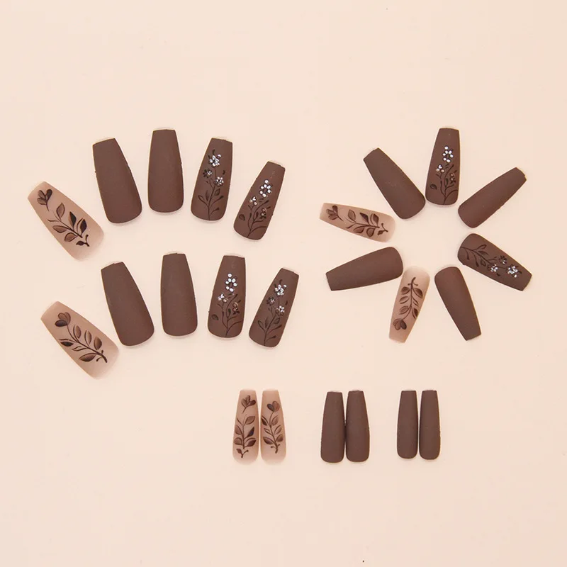 24pcs Autumn Press on Nails Flower Press on Nails Plants Fake Nails with Brown Yellow Leaves Design Full Cover Acrylic Nails Tip