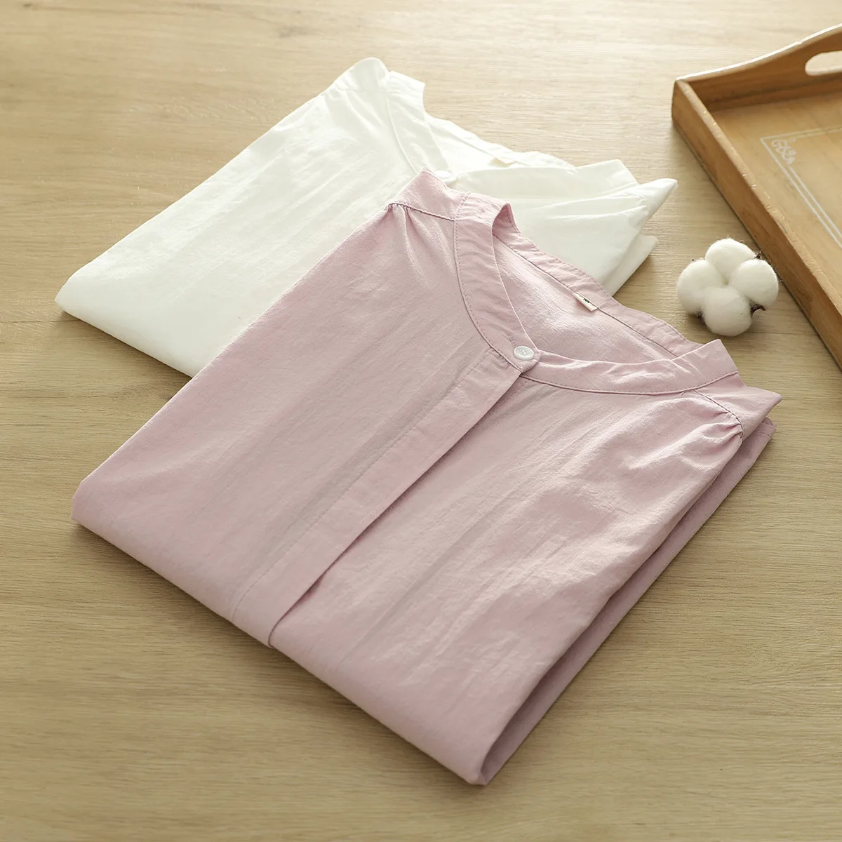 Washed Cotton Long Sleeve Shirt Spring Casual Stand Collar Women's Spring Artistic Leisure Pure Color Commute Style Shirt