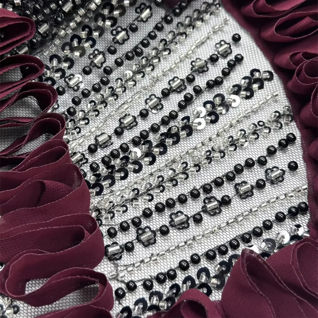 

New Arrival African Beads Lace Fabric Ruffle embroidery Tulle High Quality lace fabric sequins for Sewing Wedding Dresses