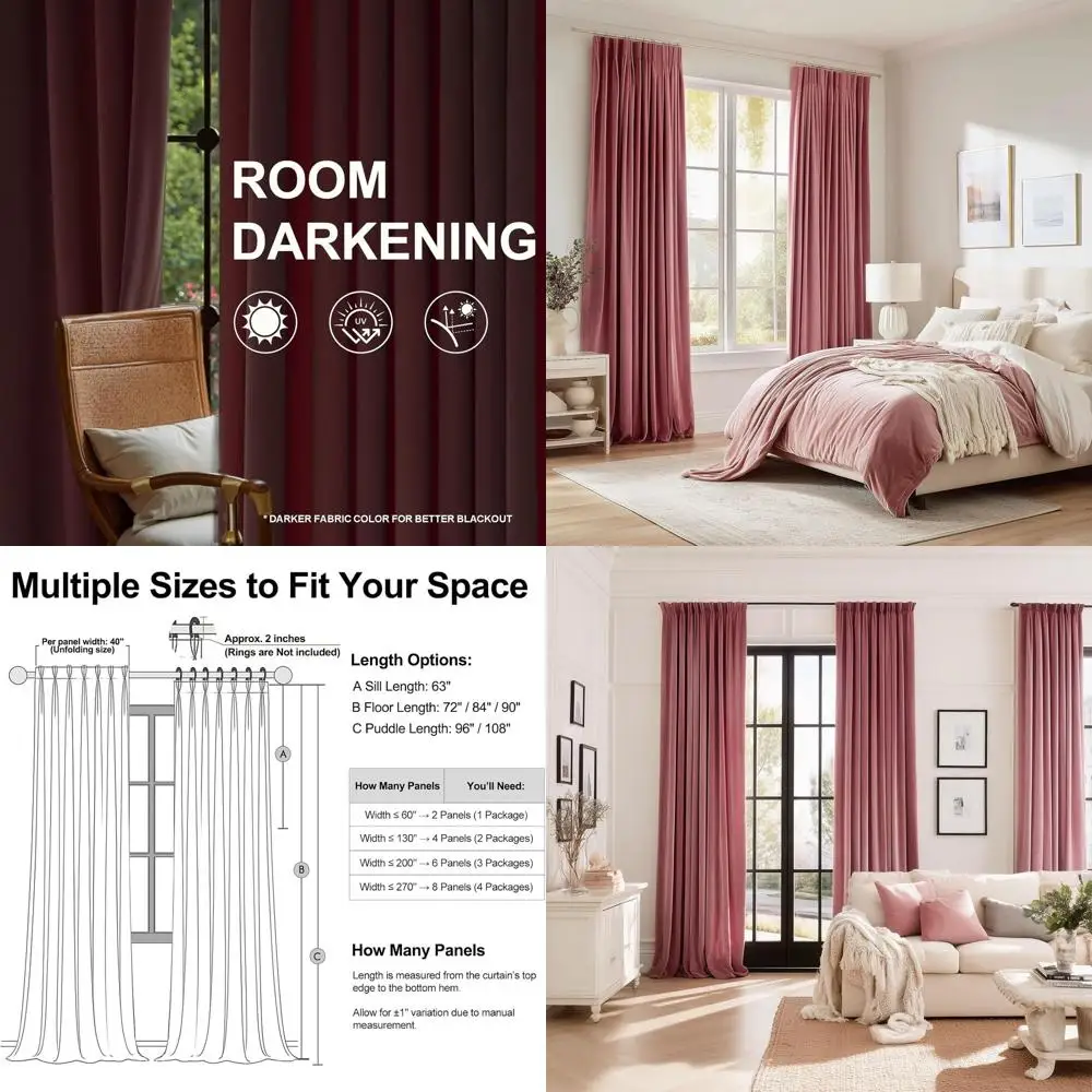 

Luxury Dusty Rose Velvet Curtains, 96 Long, 2-Panel Set, Boho Style, Pinch Pleated, with Blackout and Thermal Features