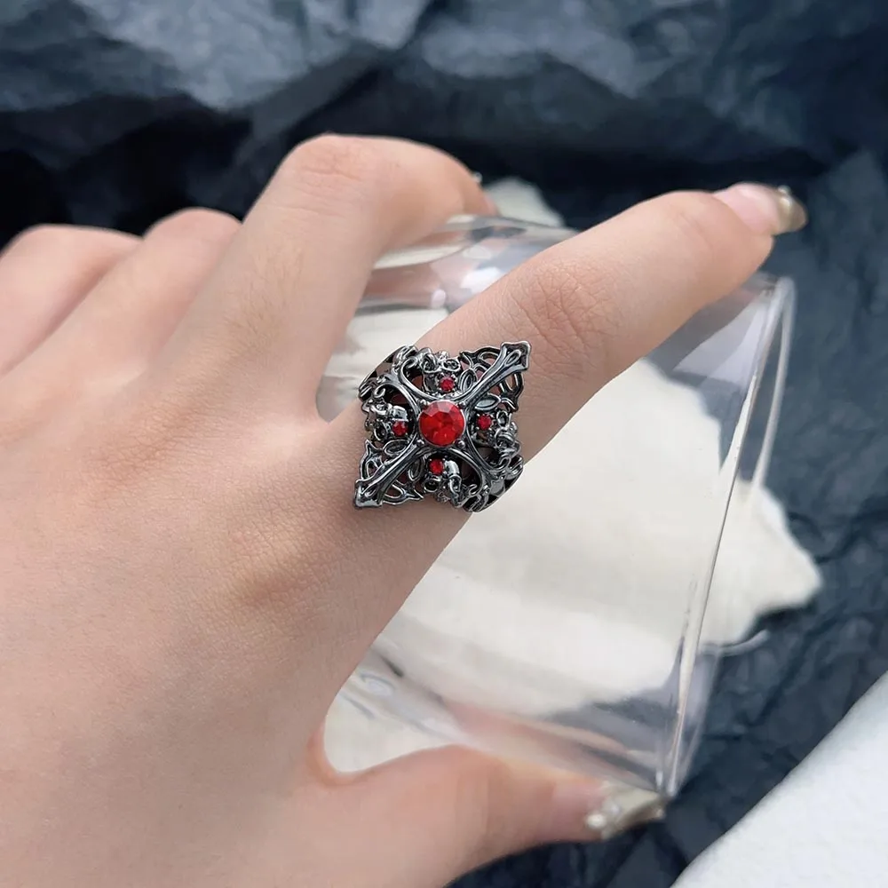 Diablo Black Hollow Carved Cross Red Crystal Open Rings for Men Personality Vintage Fashion Finger Ring Party Jewelry Gift