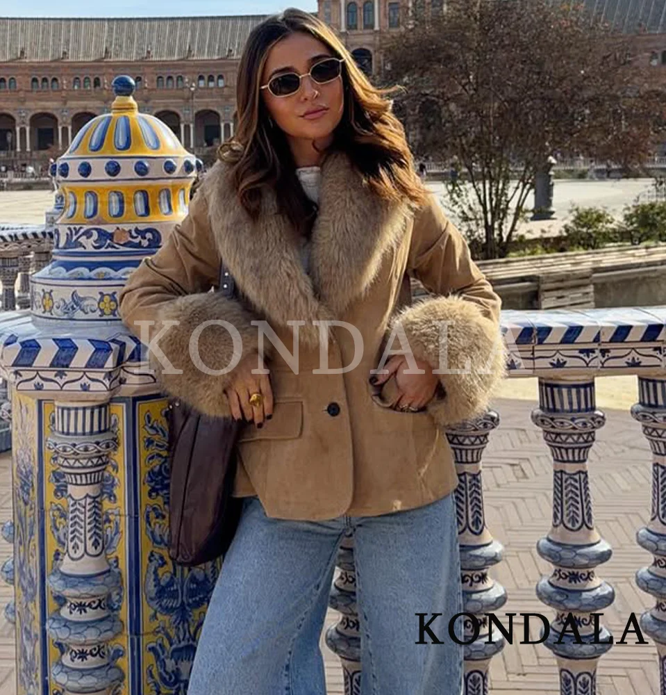 

KONDALA Elegant Women Fall Faux Fur Collar Suede Jacket V-neck Slim Jacket 2025 Autumn Fashion Party Streetwear Jacket Coat
