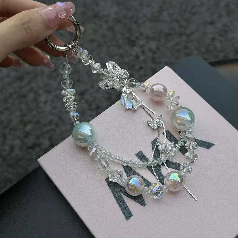 

Crystal Beaded Key Ring Phone with Butterfly Charm Sweet Tassel Key Holder Wristlet Lanyard Kawaii Keychain Organizer Chain