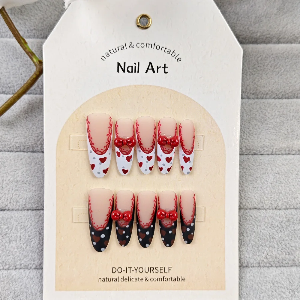 New Year Red Bow Handmade Press on Nails Black White French Fake Nails Love Valentine's Day Gift for Girl False Nails Patches