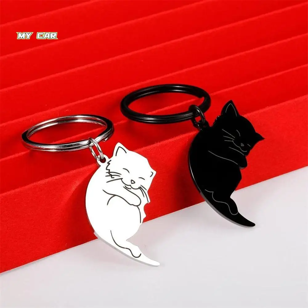 

Creative Hug Cat Couple Keychain Hanging Jewelry Bag Pendant Matching Cat Key Ring Cute Patchwork Lovers Keyring Husband Wife