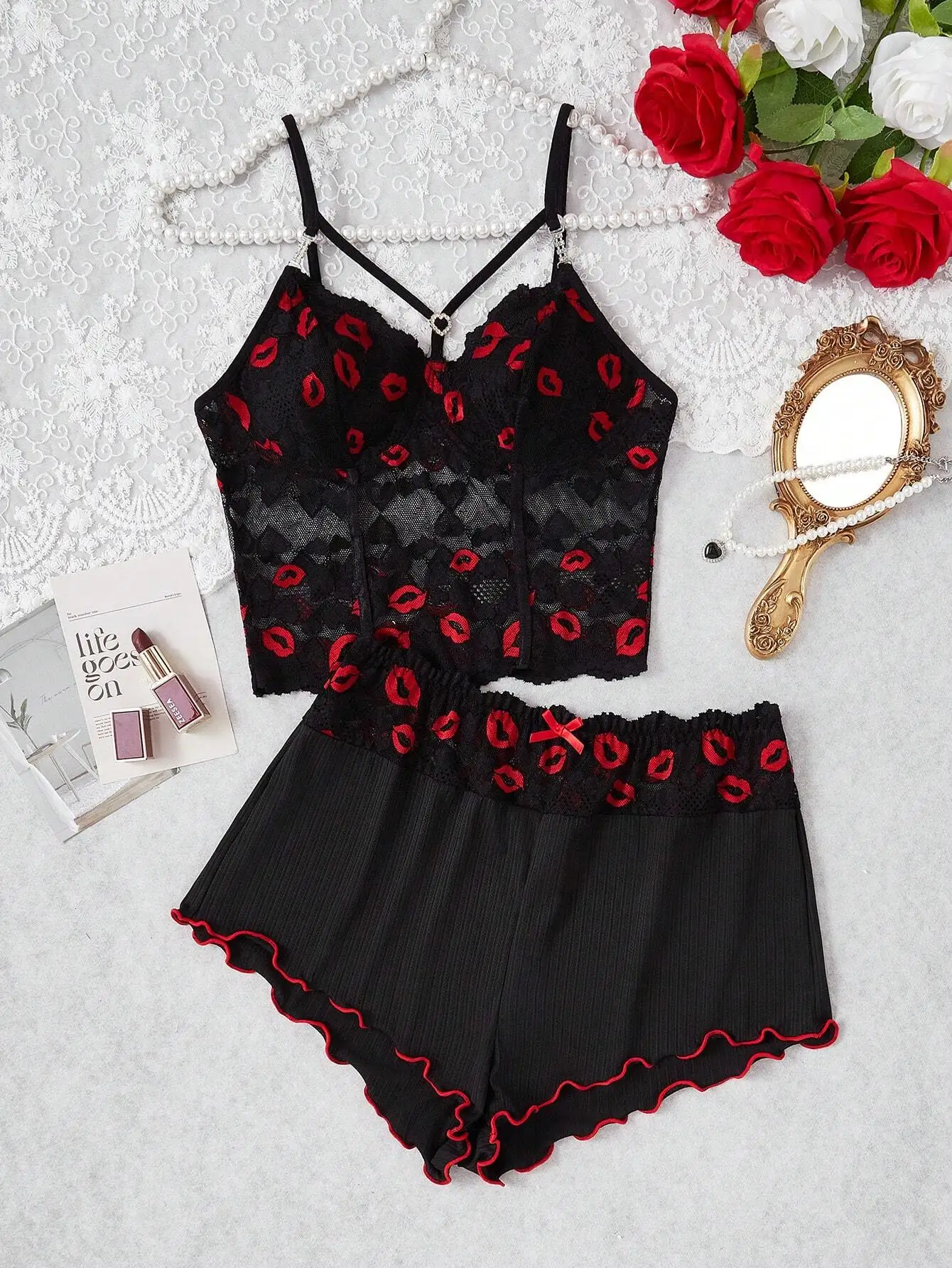 

Black Lace Camisole & Shorts Set with Red Lip Print and Ruffled Trim