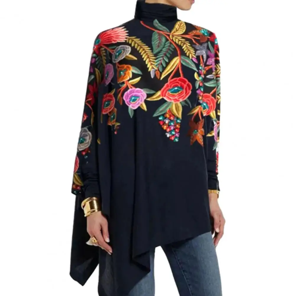 Irregular Hem Loose Fit Shirt Colorful Artistic Print High Collar Women\'s Blouse with Irregular Hem Soft Fabric for Fall Spring