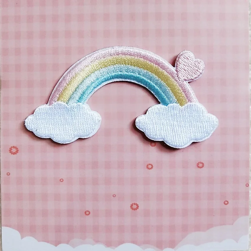 Self-adhesive Lovely Rainbow Bow Heart Embroidered Patches for Clothing T-shirt Jeans Iron on Clothes Small Appliques Stripe Diy