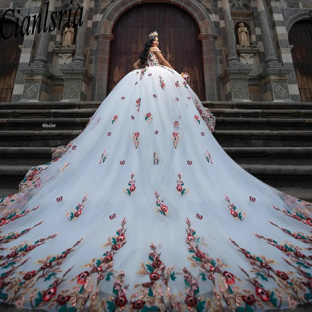 Vestido De baile De princesa con hombros descubiertos para quinceañera, vestido blanco con apliques De lentejuelas De colores, corsé De encaje, 15 Años