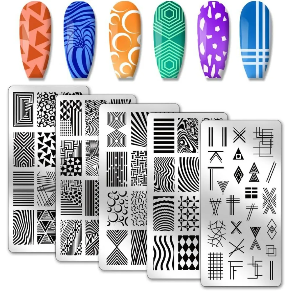 5pcs Nail Art Stamping Plate, Abstract Geometric Texture Nail Stamper Line Pattern Nail Stamping Plate Print Stencils