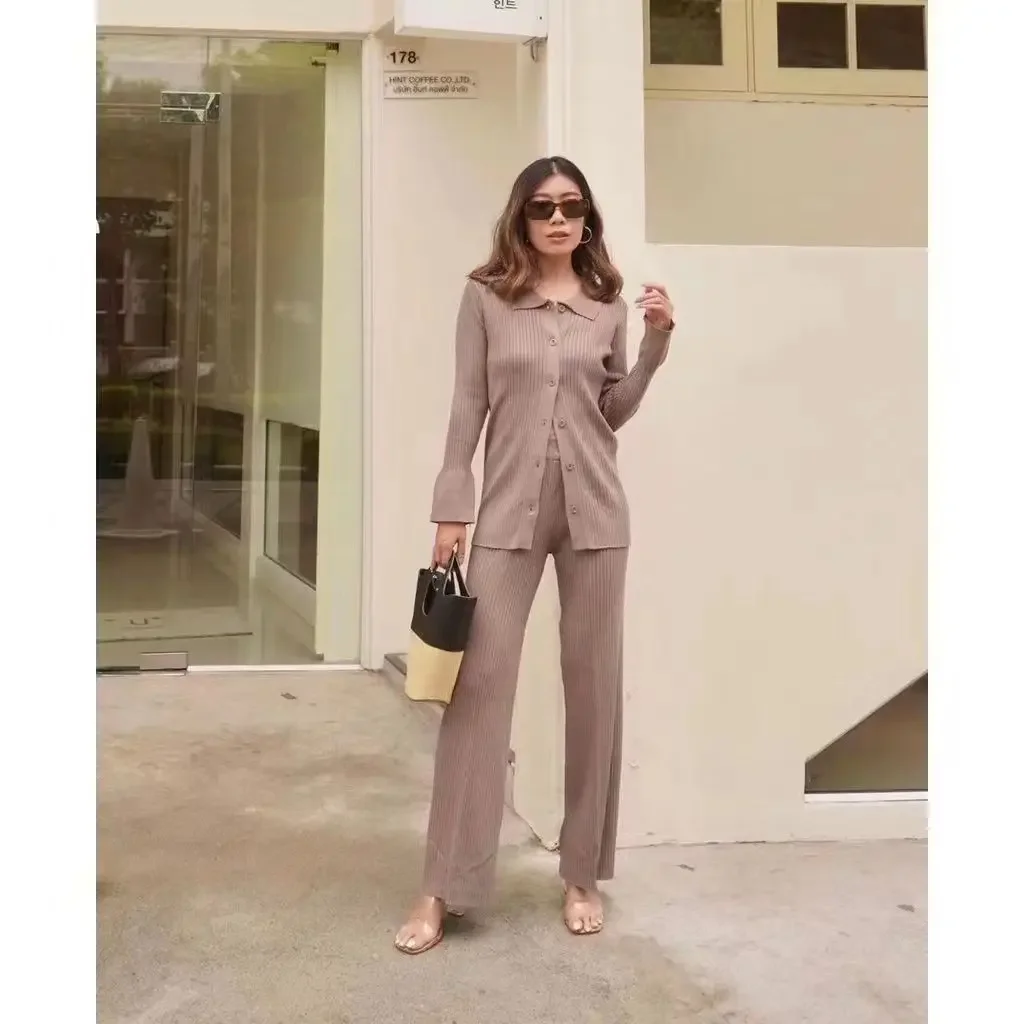 New Korean Fashion Two Piece Sets Womens Outfits Knitted Polo Collar Flare Sleeve Single Breasted Cardigan + Wide Leg Pants Suit