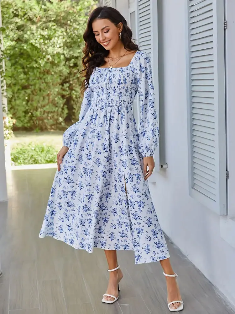 2024 Spring and Summer New Romantic Elegant Women's Dress Square Collar Smocking Long Sleeve Slit Floral Dress Dress