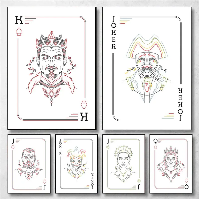 Nordic Line Short Pen Poker Poster Joker King Queen Aesthetic Canvas Painting Modern Wall Art Picture Living Room Home Decor