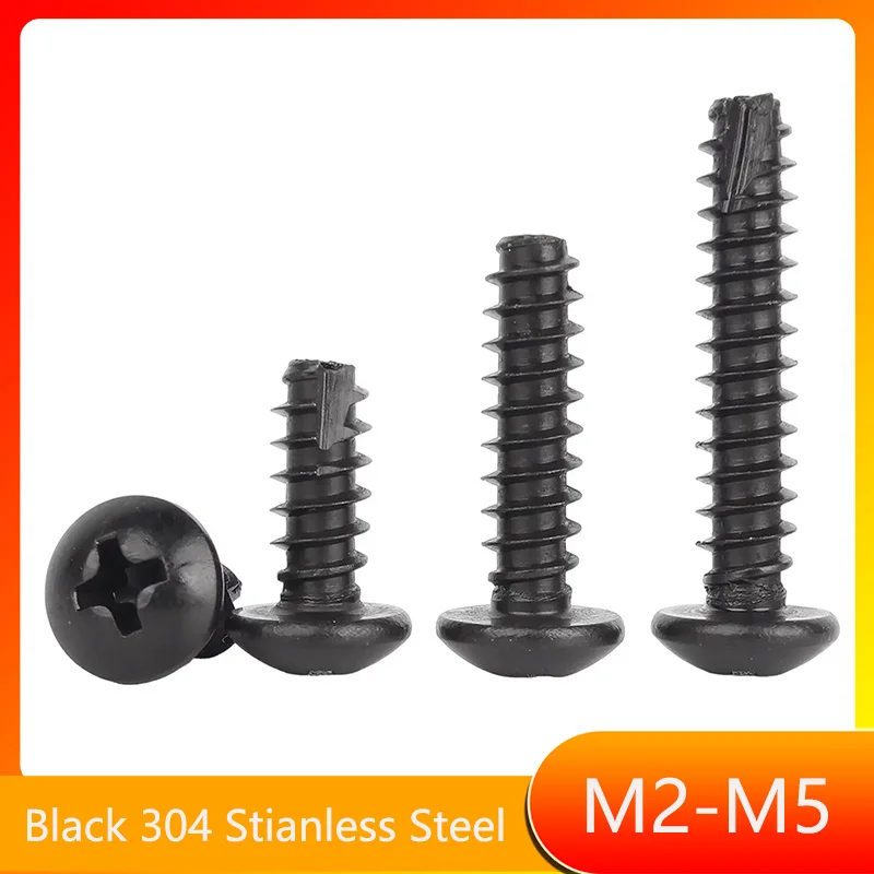 Black 304 Stianless Steel Cross Recessed Mushroom Head Cutting Tail Self Tapping Screws M2 M2.3 M2.6 M3 M3.5 M4 M5 L:4-30mm