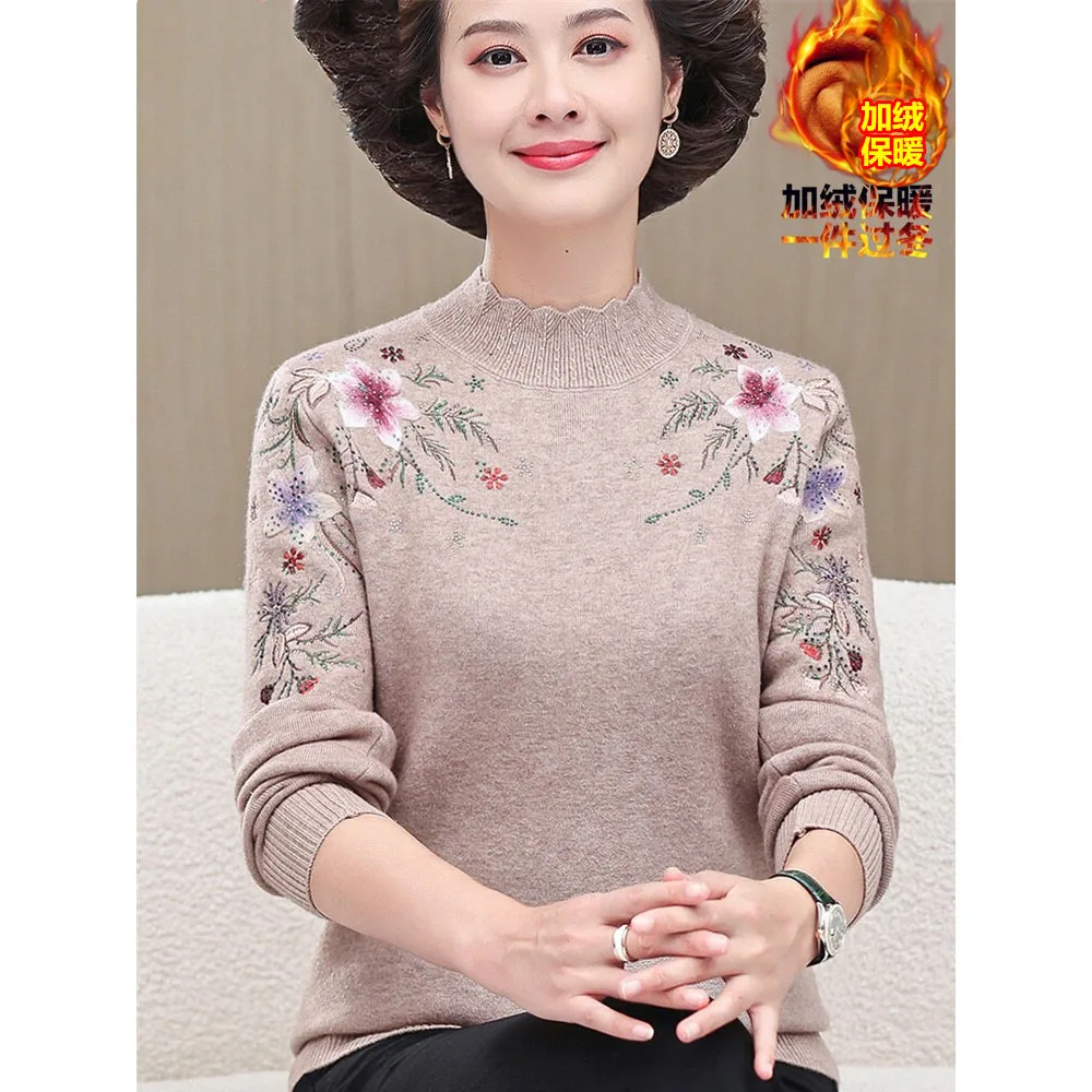 

5XL Large Size Mother's Winter Sweater Loose Add Velvet Thicken Warm Embroidered Pullovers Tops Middle Aged Women Knitted Jumper