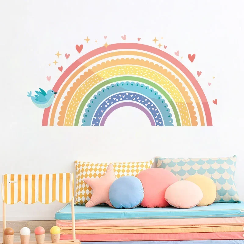 Embellecedor de pared de arcoíris de dibujos animados para niños, pegatinas decorativas para dormitorio, porche comercial, decoración del hogar,