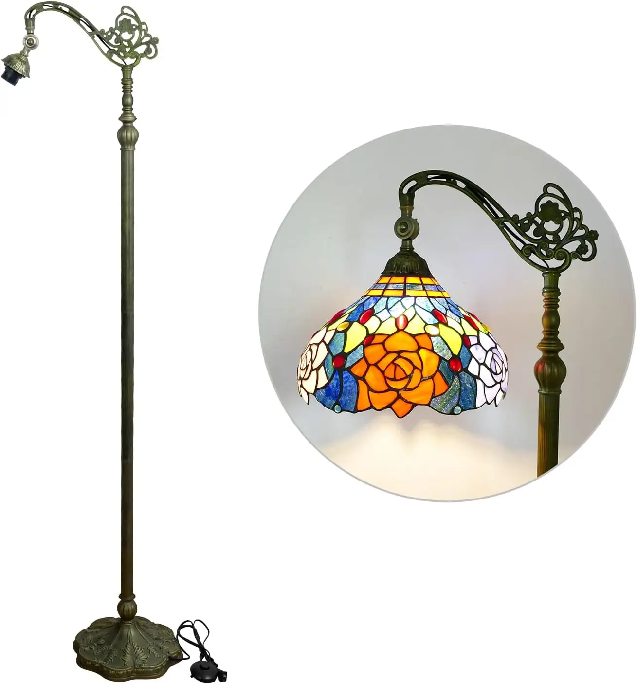 @#Modern Style Arched Gooseneck Floor Lamp Adjustable Iron Body Corner Reading Lamp with Stained Glass Rose Tricolor Light