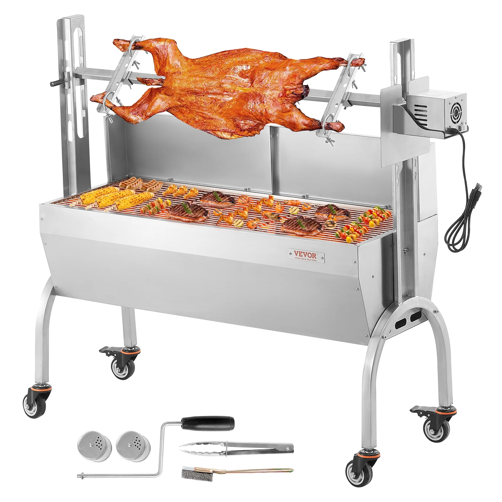 

SucceBuy 46inch Rotisserie Grill with Windscreen Charcoal Spit Grill 132 Lbs Capacity Stainless Steel Roaster w/ Lockable Wheels