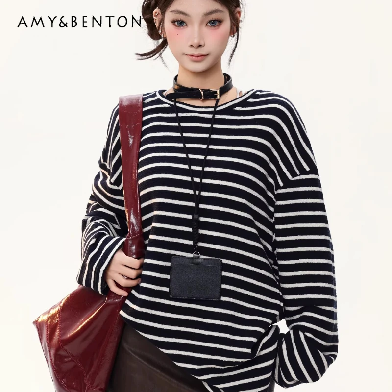 

Original American Retro Striped Commuter Loose Pullover Long Sleeve Women's T-Shirt 2026 Spring New Versatile T-Shirts Ladies