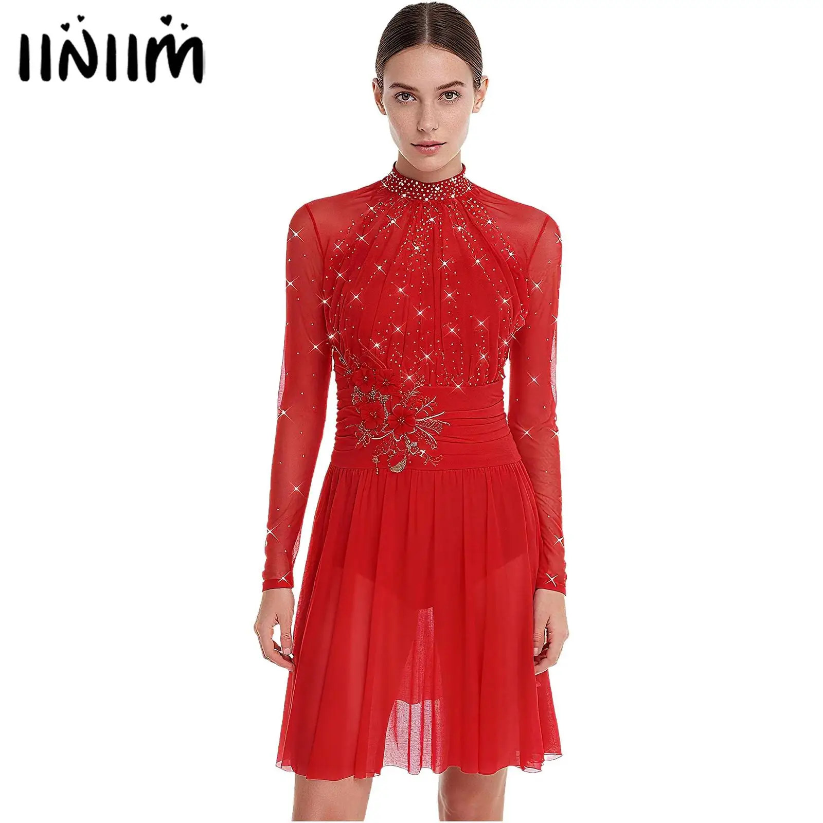 

Womens Gymnastics Artistic Figure Skating Performance Costume Ballet Lyrical Dance Dress Shiny Rhinestones Ruched Leotard Dress