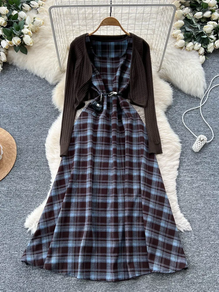 

Ретро с завязкой на талии ort Sve Plaid Dr Long Sve Открытый кардиган Комплект из двух предметов Женская модная осенняя одежда Повседневная рабочая одежда