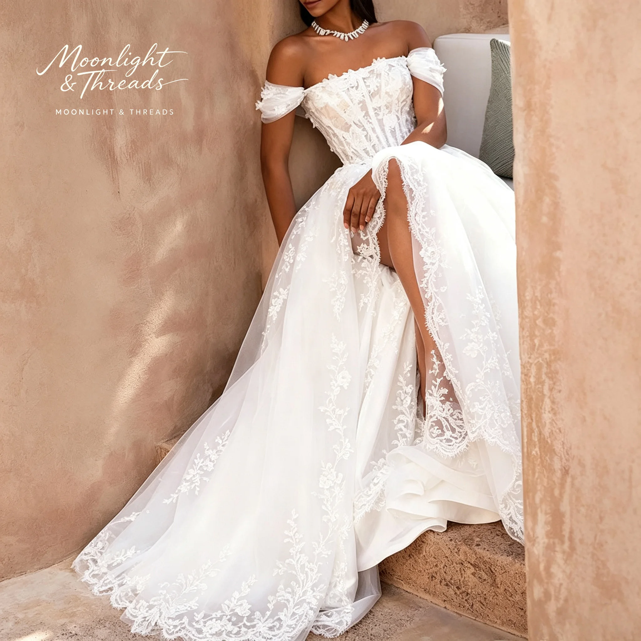 White off-shoulder strapless sleeveless A-line dress floor-length formal occasion wedding dress with boning and appliqué details