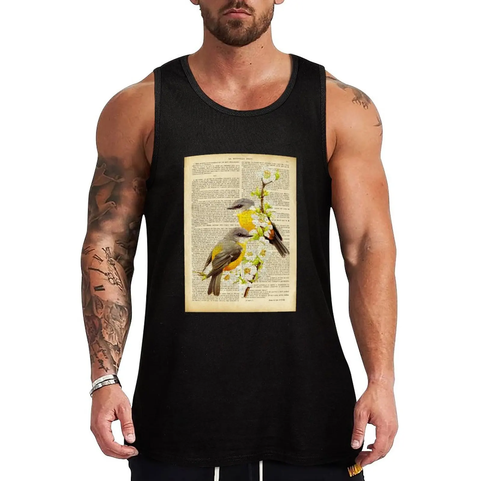 botanical print on old book page - spring birds Tank Top Sports clothing Men's summer t-shirt