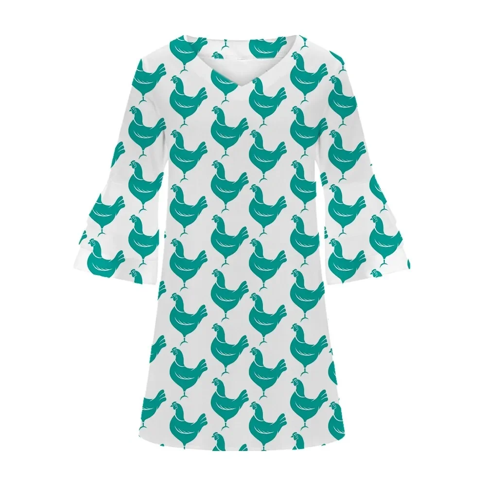 Jumeast 3D Printed Women Casual Flared Sleeve V-Neck Dress Animal Rooster Elegant Brahman Skirt Tropical Hawaiian Green Clothing