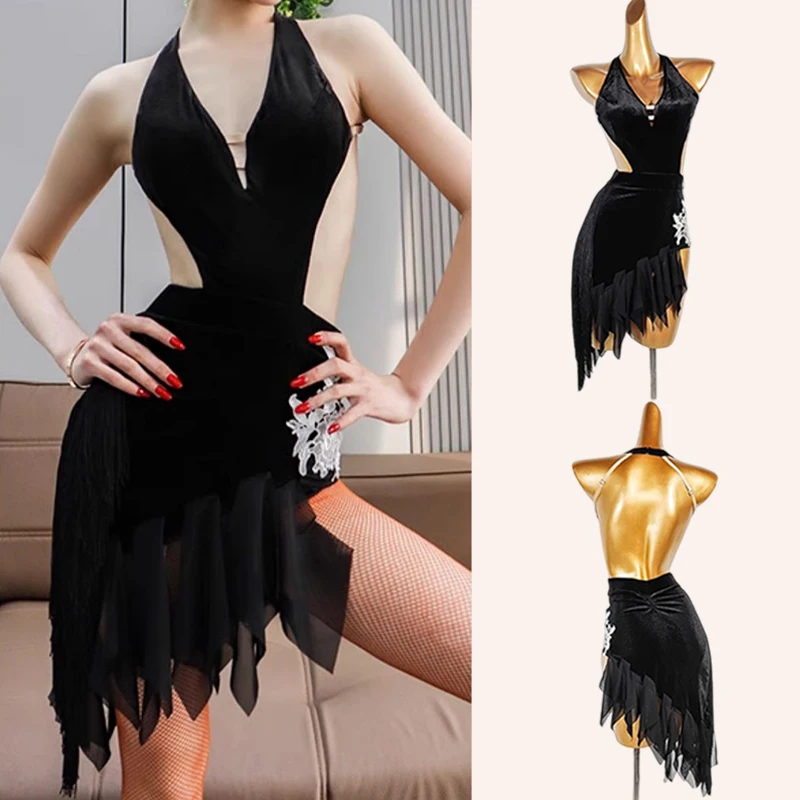 

Velvet Black Latin Dress Women Halter Backless Sexy Dresses Fringe Latin Performance Dance Costume Cha Cha Samba Stage Wear 3204