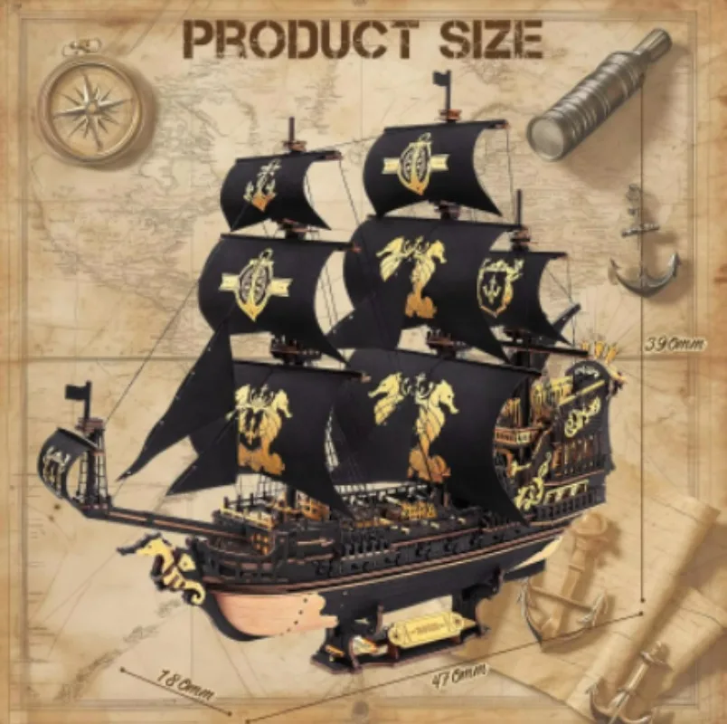 New Original Robotime 3D Wooden Puzzle Retro Pirate Ship Sea Horse Sailing Ship Home Desk Decoration Adult Collectible Toy Gift