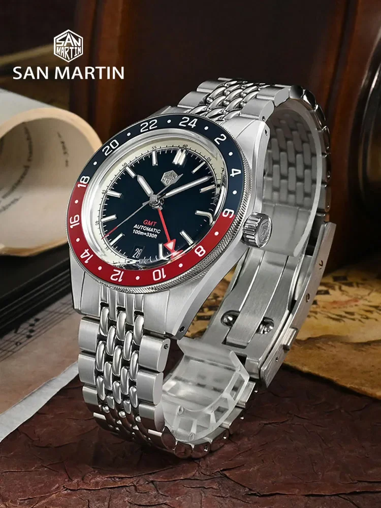 San Martin 39.5mm Men Watch NH34 GMT Bidirectional Aluminum Bezel Watches Automatic Mechanical Sapphire Luminous Waterproof