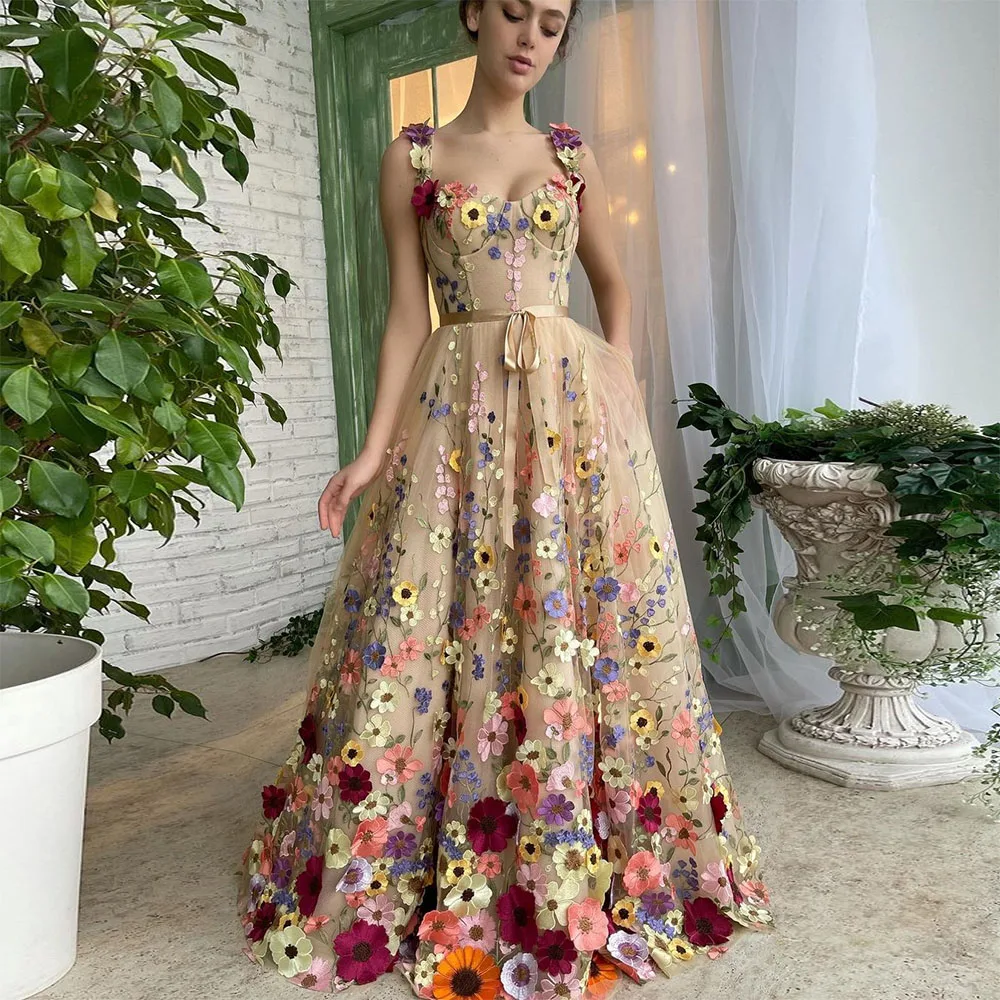 Sevintage Prachtige 3D Bloemen Prom Dresses Sweetheart Bloemen Bandjes A-lijn Avondjurken Formele Party Dress Met Zakken 2022