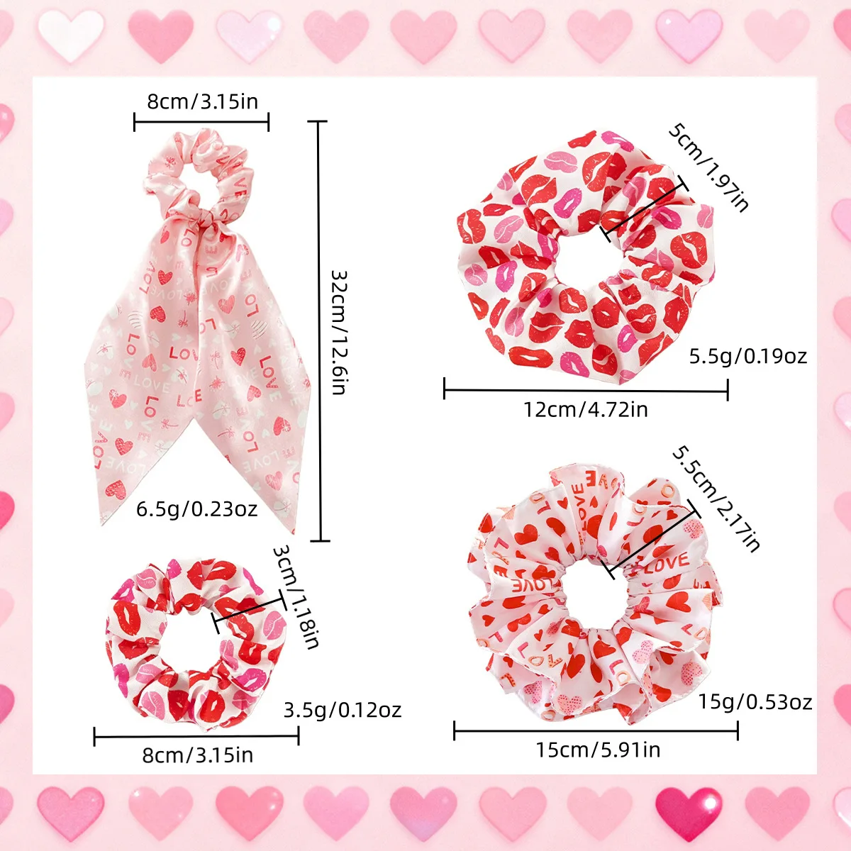 1pc Premium Valentine Heart Scrunchie Silk Ribbon High Elasticity Hair Tie for Women Sweet Romantic Party Decor Wholesale