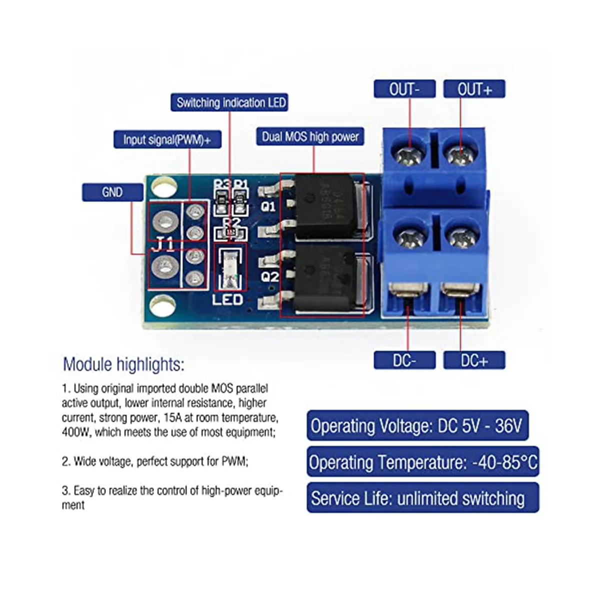 30 szt. Przełącznik MOSFET moduł napędowy DC 5V-36V 15A(Max 30A) 400W podwójny regulator obrotów silnika DC PWM o dużej mocy 0-20KHz