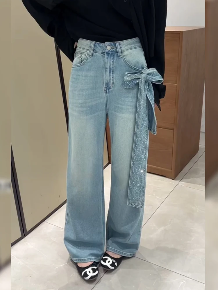 

Ретро-джинсы в американском стиле с узором «узел-бриллиант» для женщин, модный дизайн, брюки в пол, с естественной линией талии, однотонные