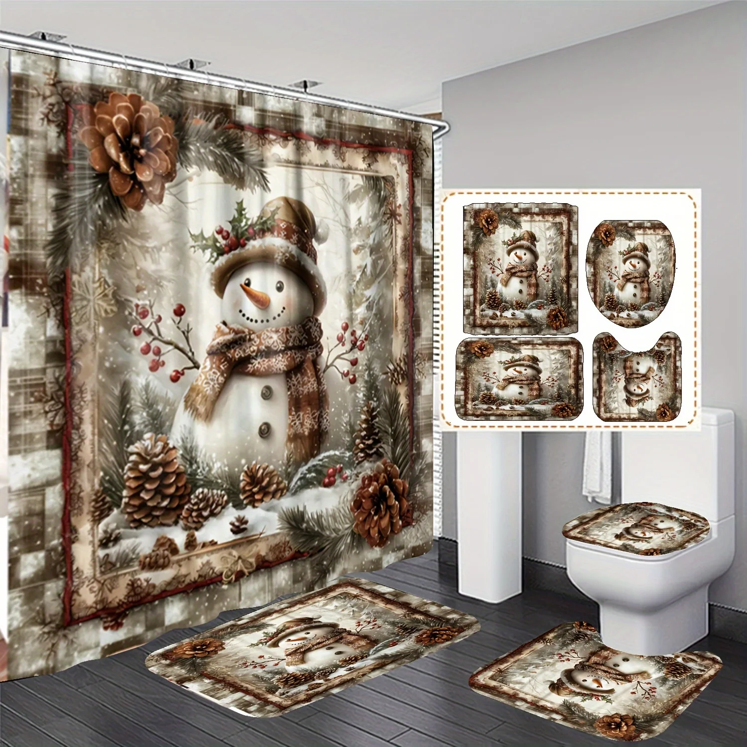 4Pcs Little Snowman Xmas Bath Set, Santa & Poinsettia, Holiday Decor Gift, 12 Hooks, Non-Slip U-Shaped Mat & Toilet Cover