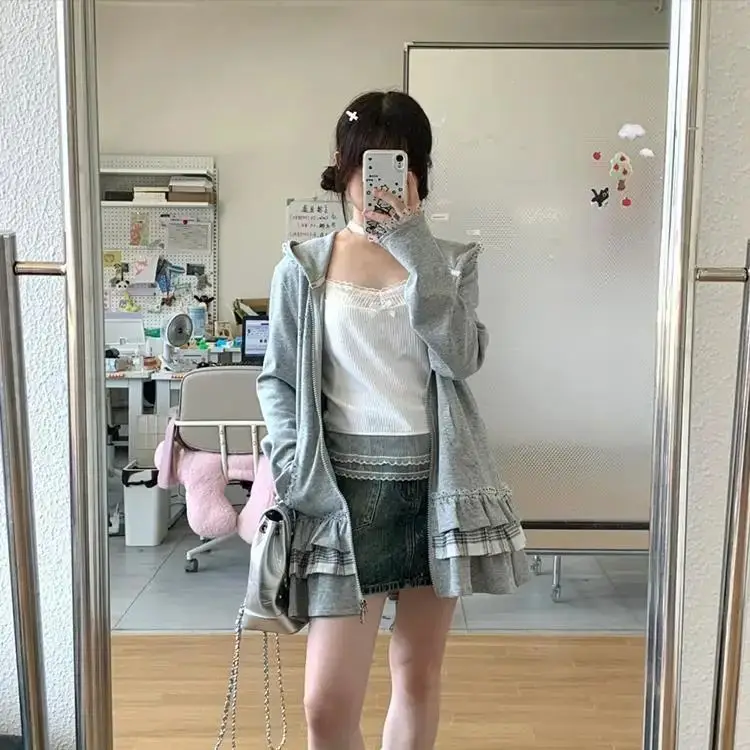 Gray Sweatshirt Cardigan Lace Stitching Plaid Cake Skirt Design Hooded Jacket Women New Autumn Trend